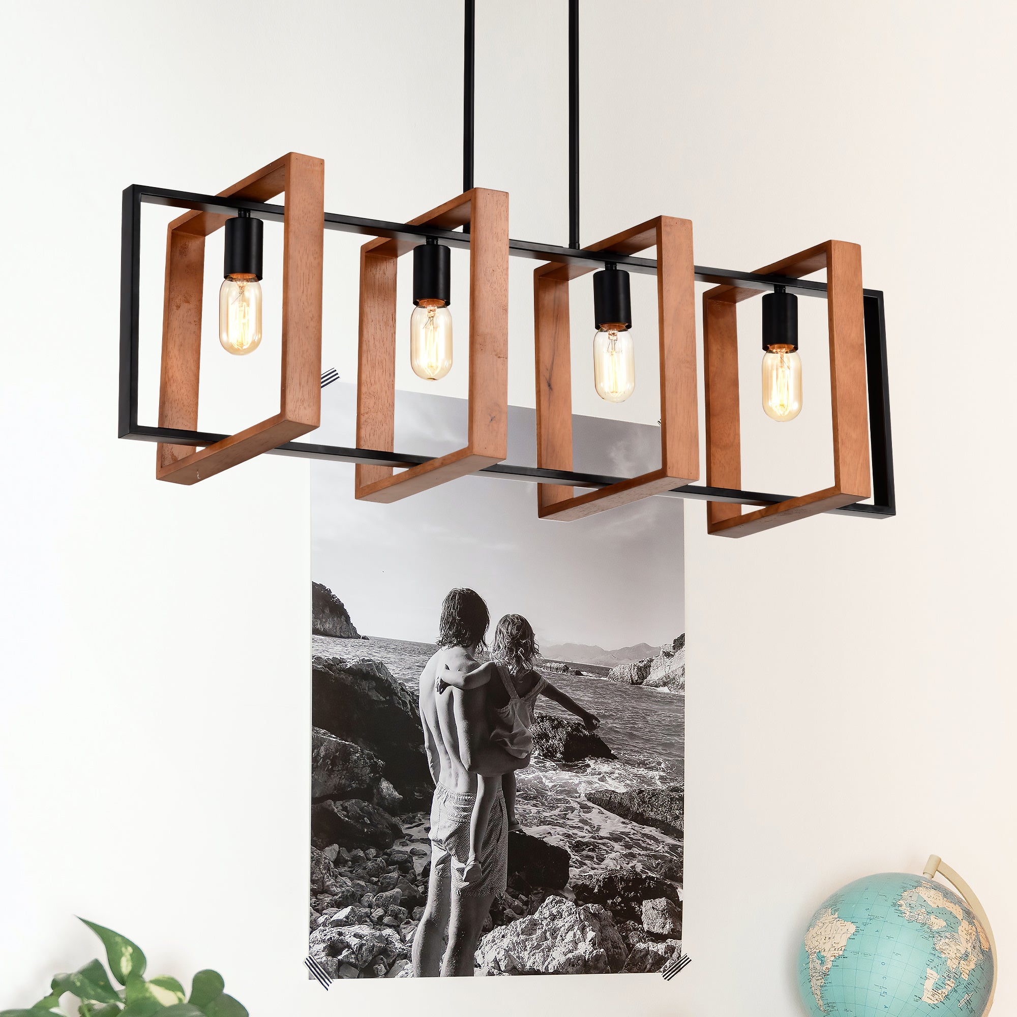 4-Light Rectangular Farmhouse Pendant Light – Wood and Black Metal